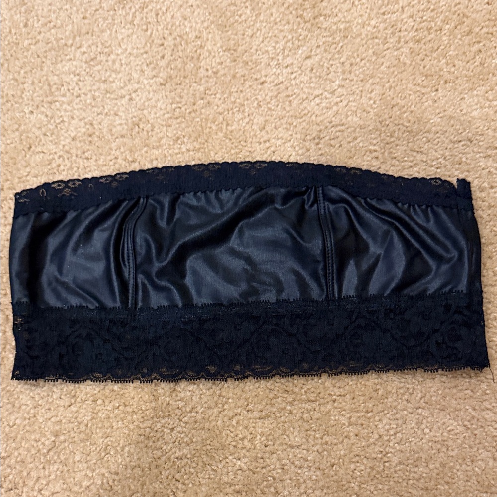 Strapless faux leather Lace Trim Bandeau Bralette - Black